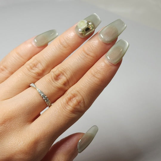 chic mint rose press-on nail -- green, square shape, handmade, salon-quality