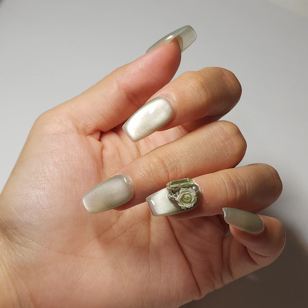 chic mint rose press-on nail -- green, square shape, handmade, salon-quality