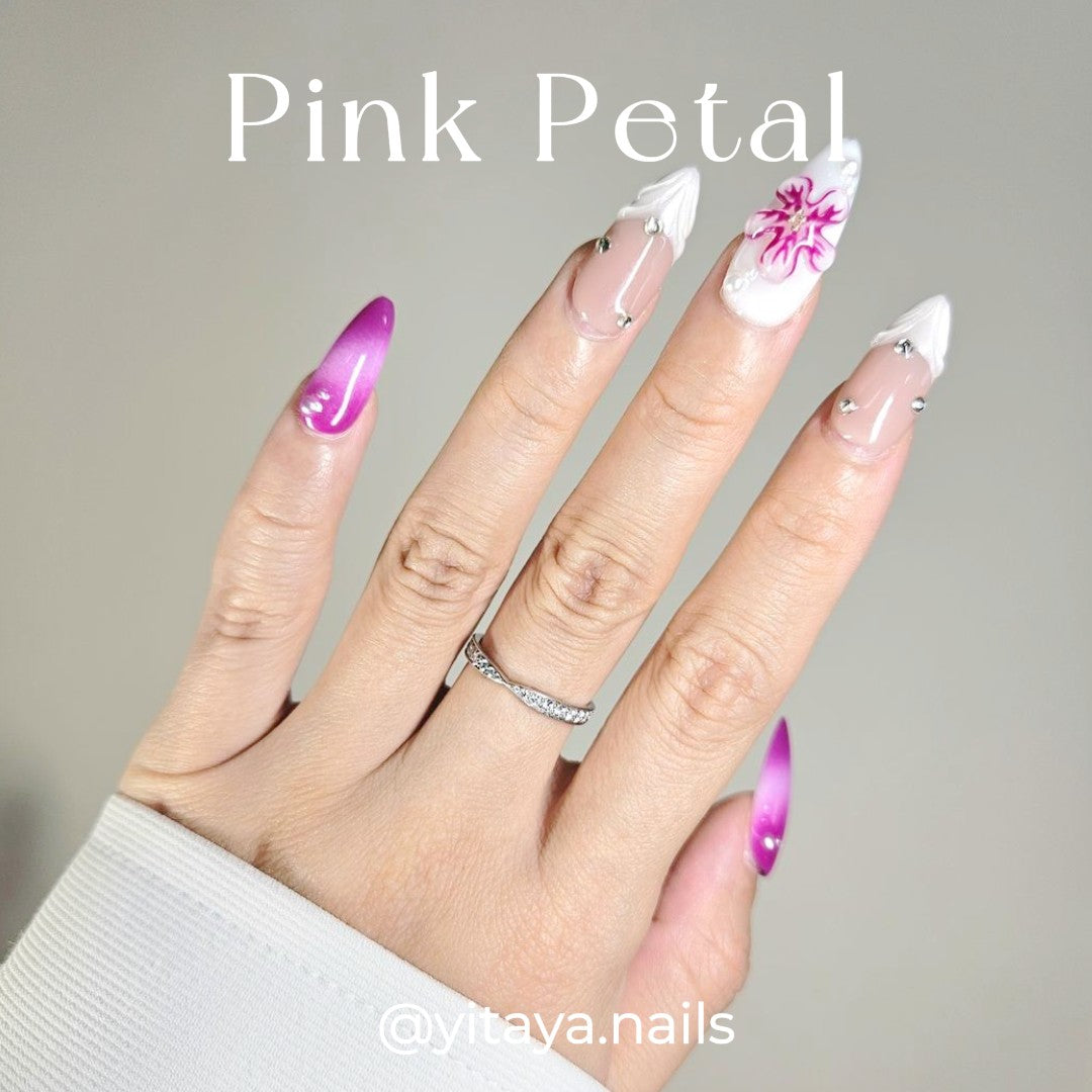 3D Pink Petal Perfection Press On Nails from Yitaya --  featuring a captivating gradient of soft pink shades, accented with 3D floral designs and sparkling rhinestones