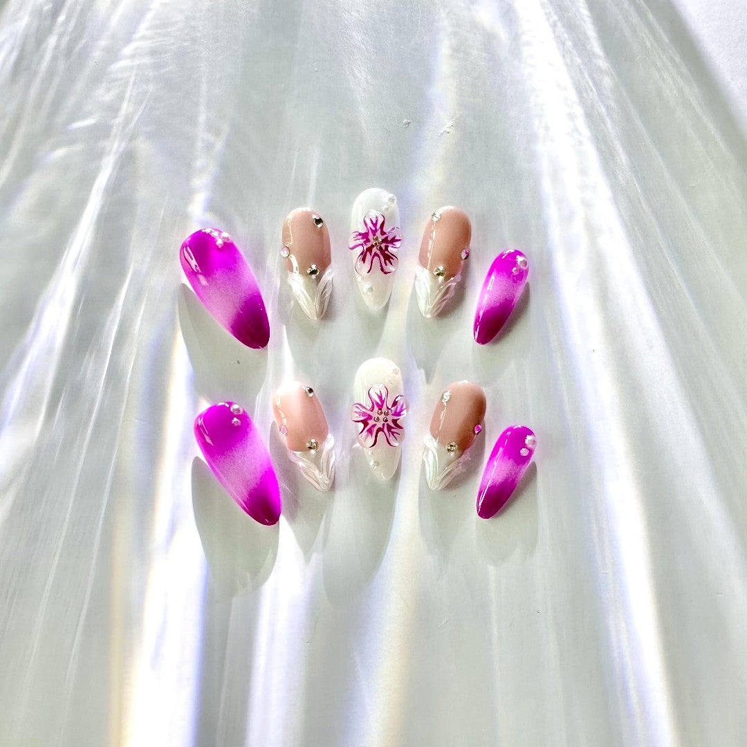 3D Pink Petal Perfection Press On Nails from Yitaya --  featuring a captivating gradient of soft pink shades, accented with 3D floral designs and sparkling rhinestones