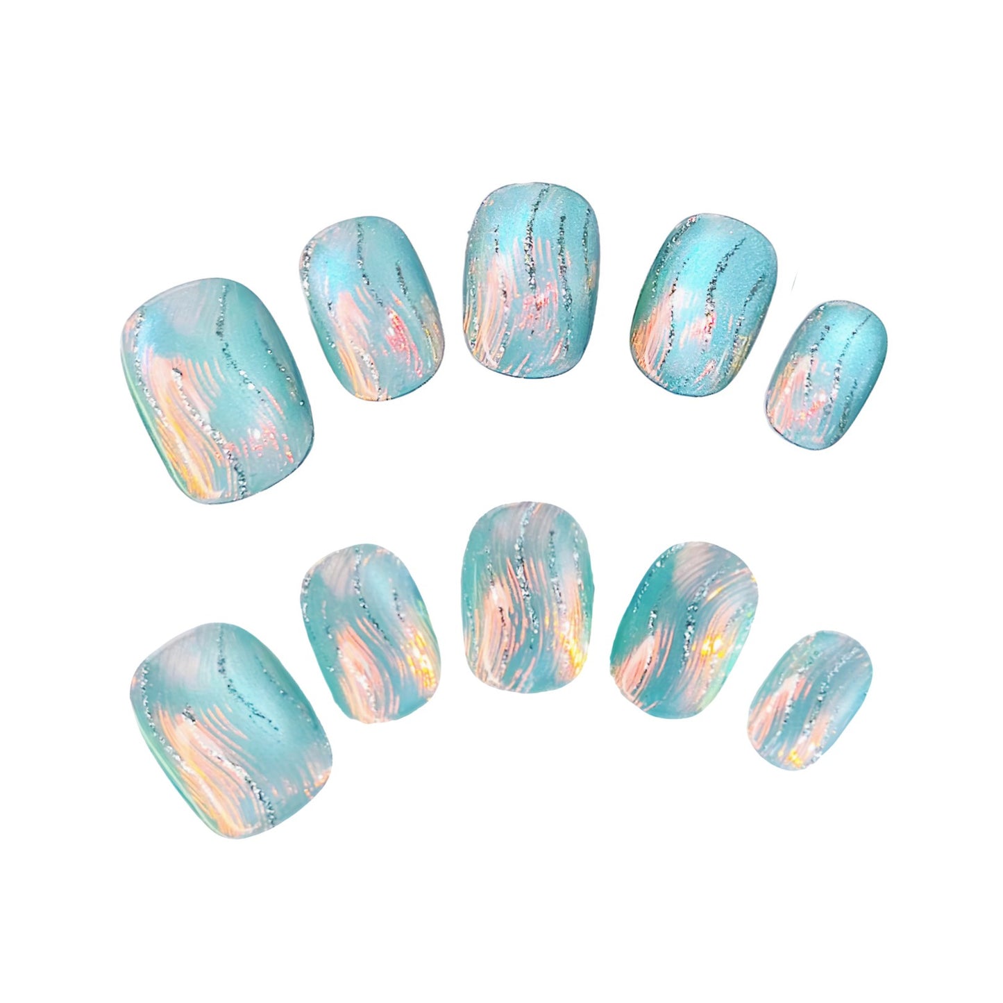 Aurora Bliss Short Press On Nails, Handmade Crystal Water Ripple Press On Nails