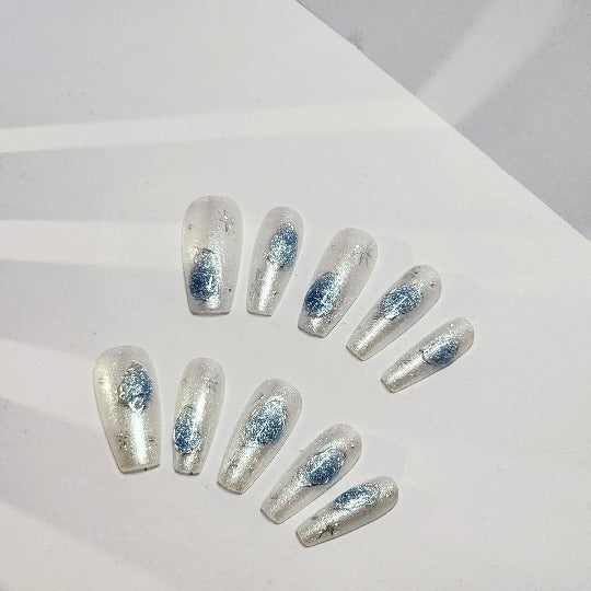 Cosmic Frost Press-On Nails -- White/Blue, Coffin, Handmade