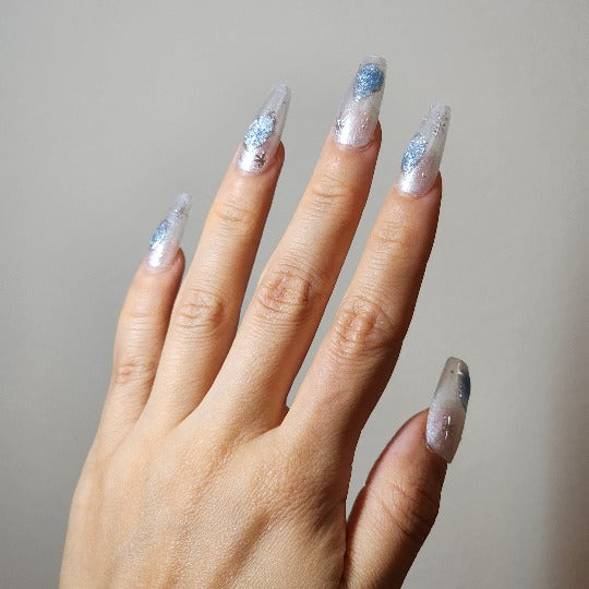 Cosmic Frost Press-On Nails -- White/Blue, Coffin, Handmade