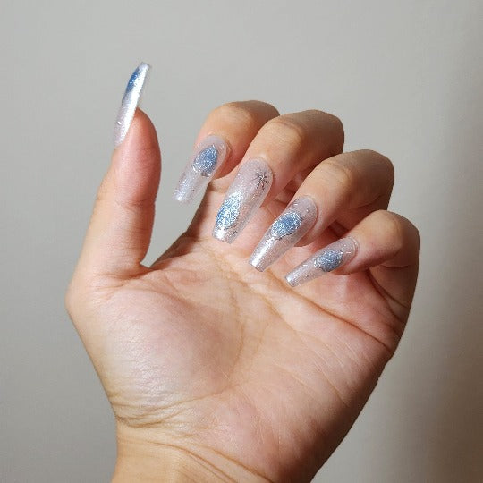 Cosmic Frost Press-On Nails -- White/Blue, Coffin, Handmade