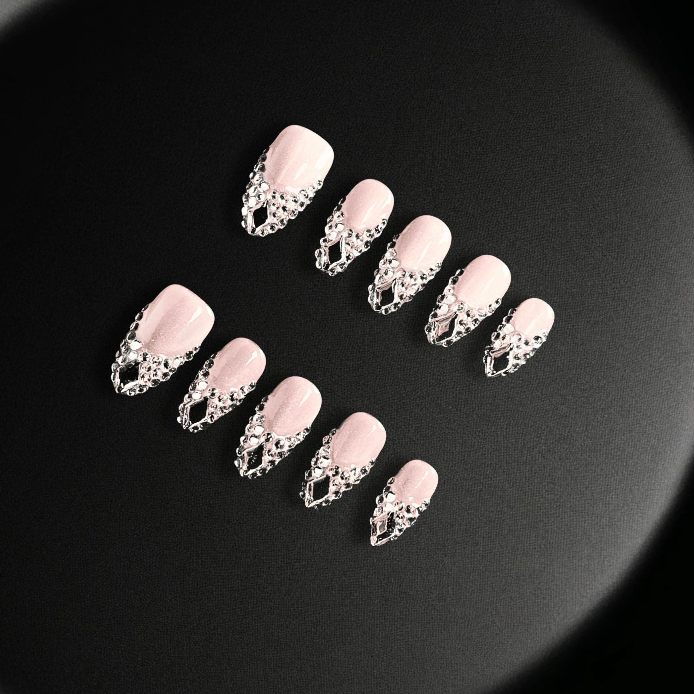 Crystal Lace Elegance nails from Yitaya, featuring a nude pink base with shimmering crystal designs