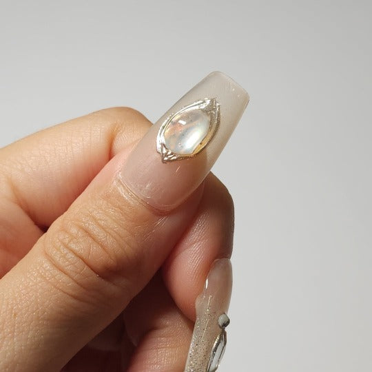 Elegant Beige Glitter Design Press-On Nails -- Beige, Coffin Shape, Handmade
