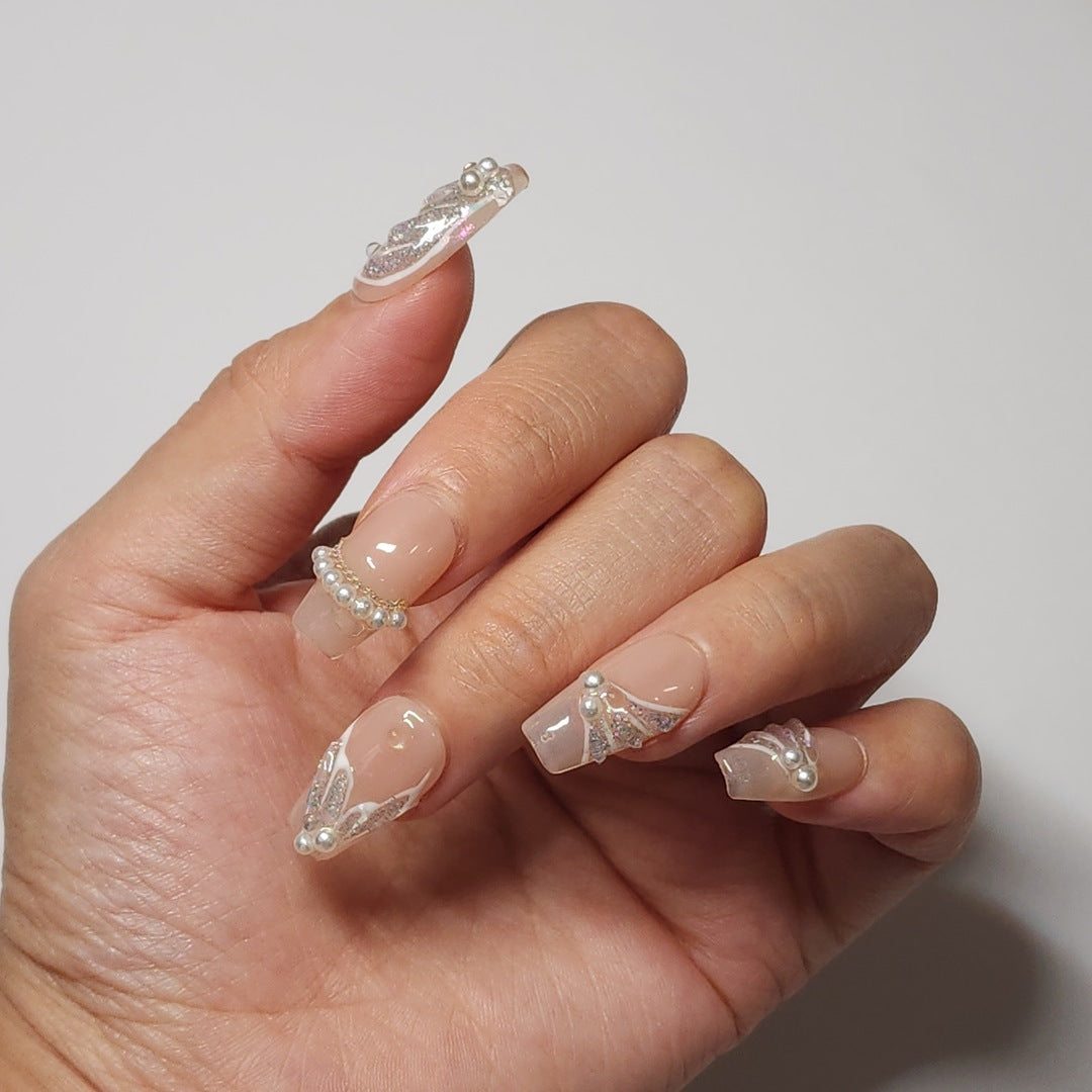 elegant pearl accent press on nails -- square shape, handmade, salon-quality