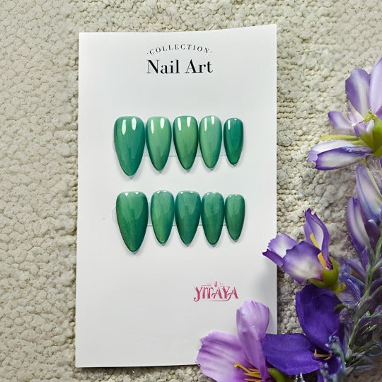 Emerald Oasis Cat Eye Press-On Nail -- Green, Almond Shape, Handmade, Salon Quality