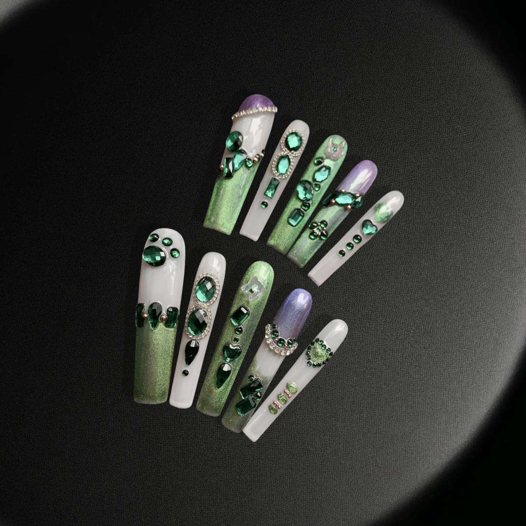 Enchanted Emerald Elegance press on nails, featuring a stunning combination of shimmering green and purple tones
