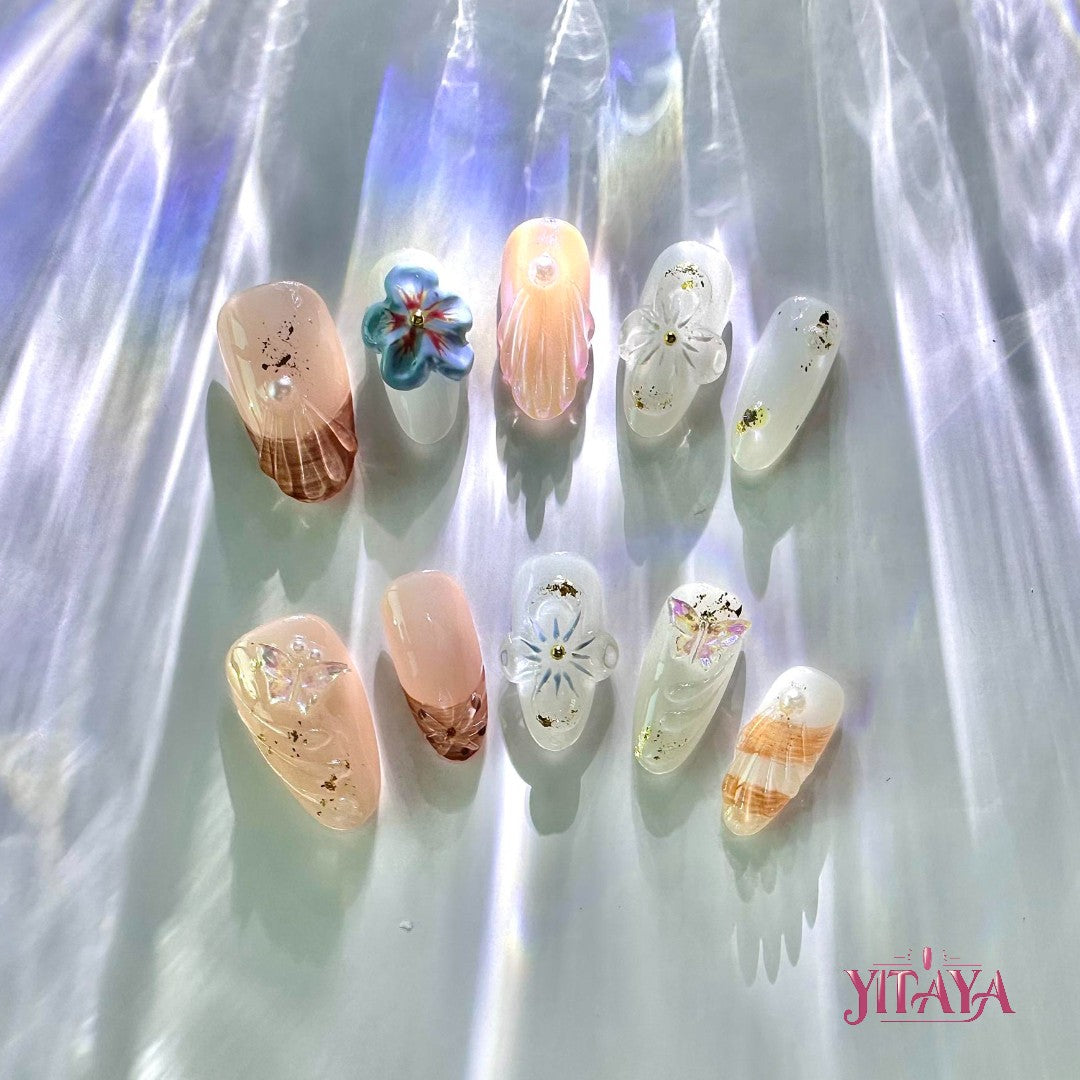 Floral Dream Press-On Nails, featuring hand-painted flowers and 3D embellishments