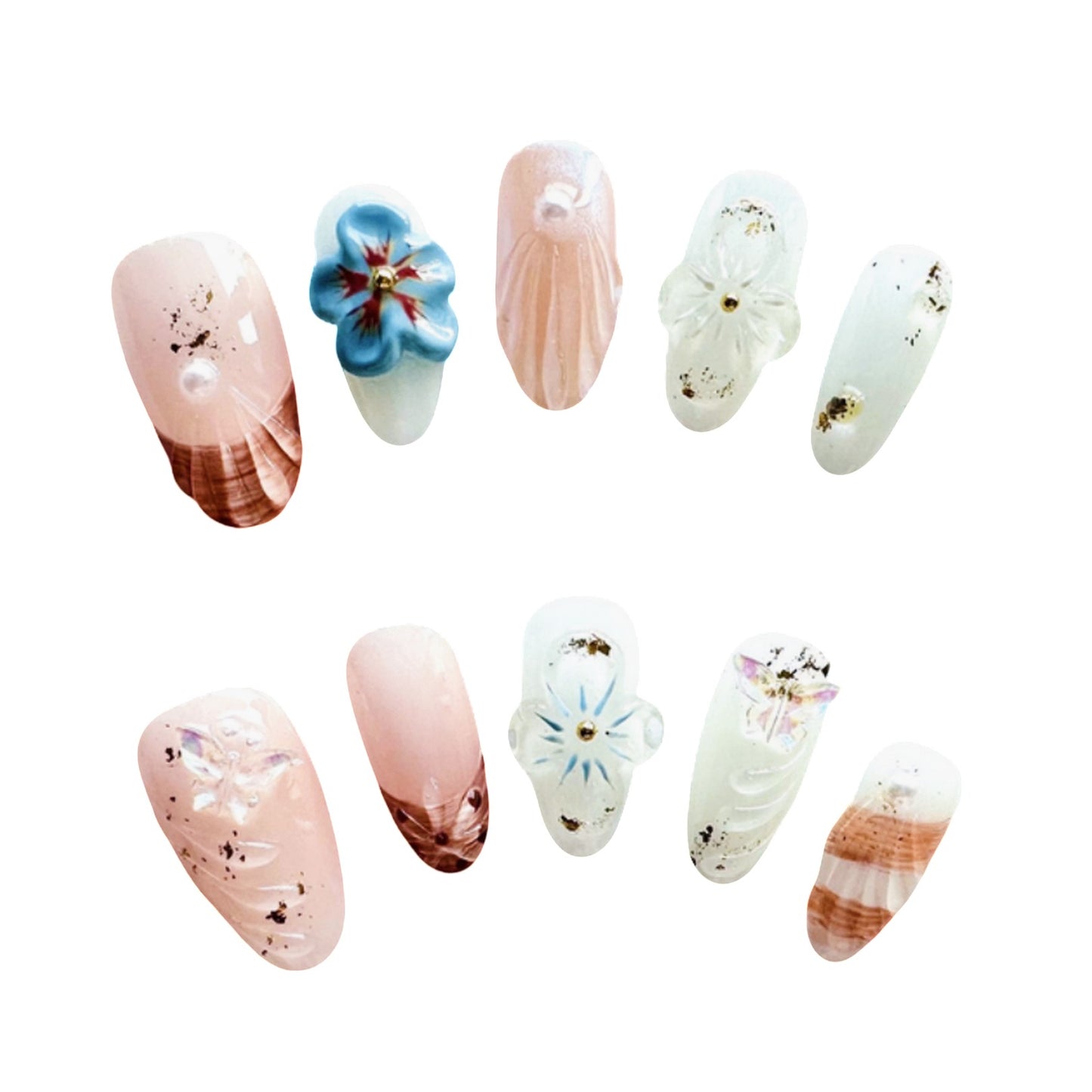 Floral Dream Press-On Nails, featuring hand-painted flowers and 3D embellishments