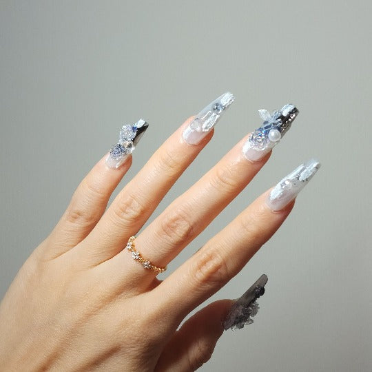 Frost Bloom Press-On Nail -- Coffin Shape, With Pearls