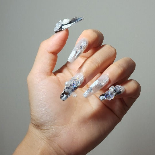 Frost Bloom Press-On Nail -- Coffin Shape, With Pearls