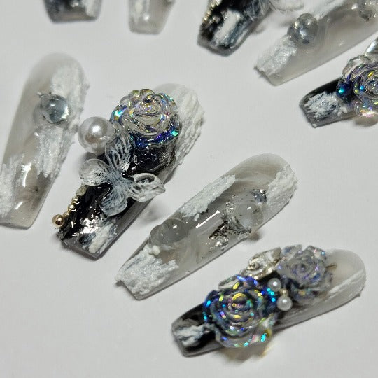Frost Bloom Press-On Nail -- Coffin Shape, With Pearls