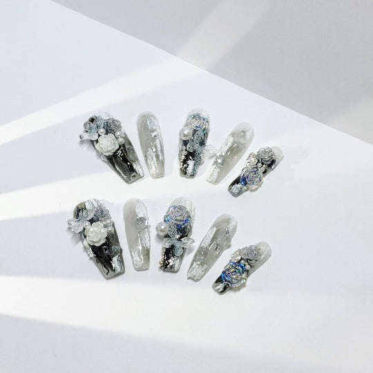 Frost Bloom Press-On Nail -- Coffin Shape, With Pearls