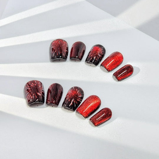 Hanabi Press-On Nails -- Red/Black, Almond, Handmade