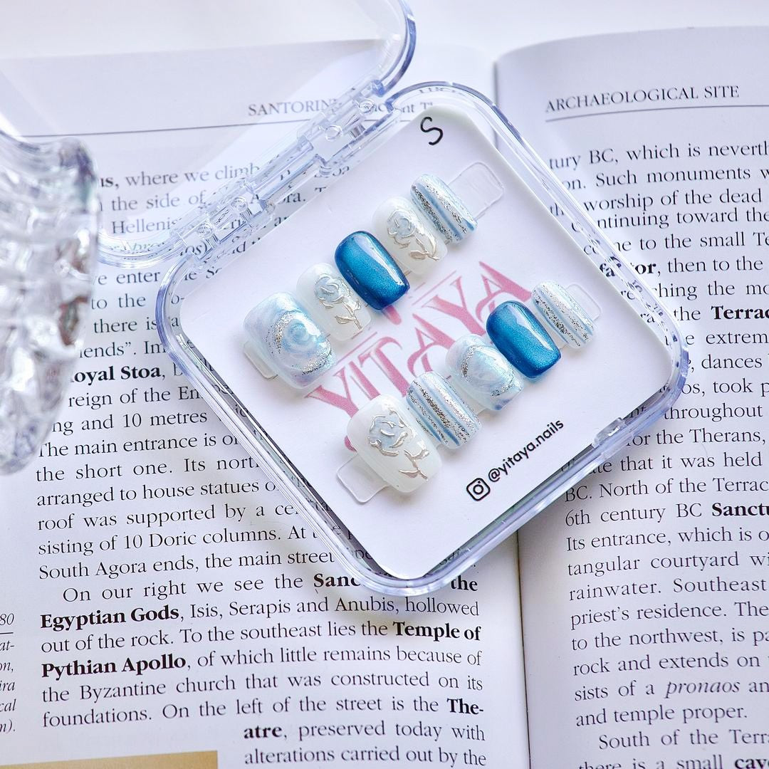 Luxe Blue Rose Press On Nails, combing classic elegance with modern flair.