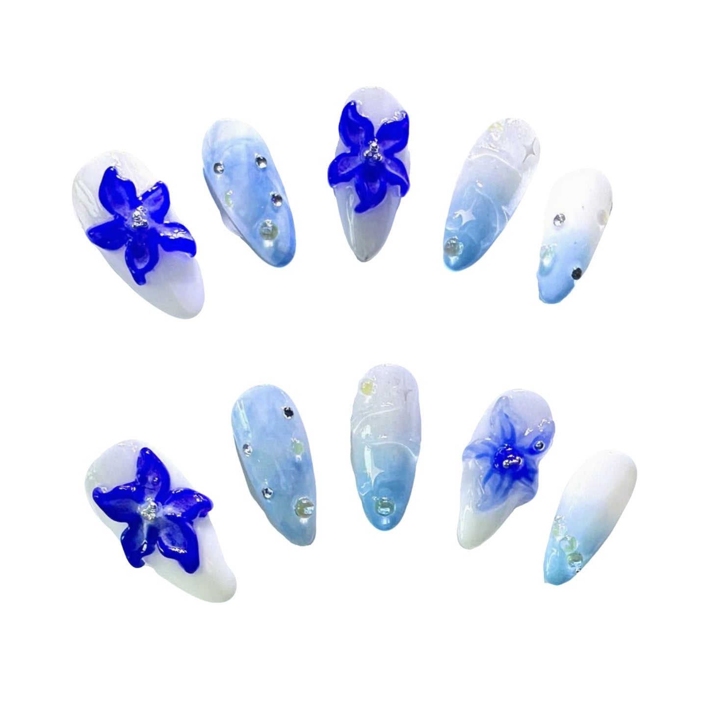 Ocean Flora Press On Nails, with 3d flora and soothing blue and white gradient