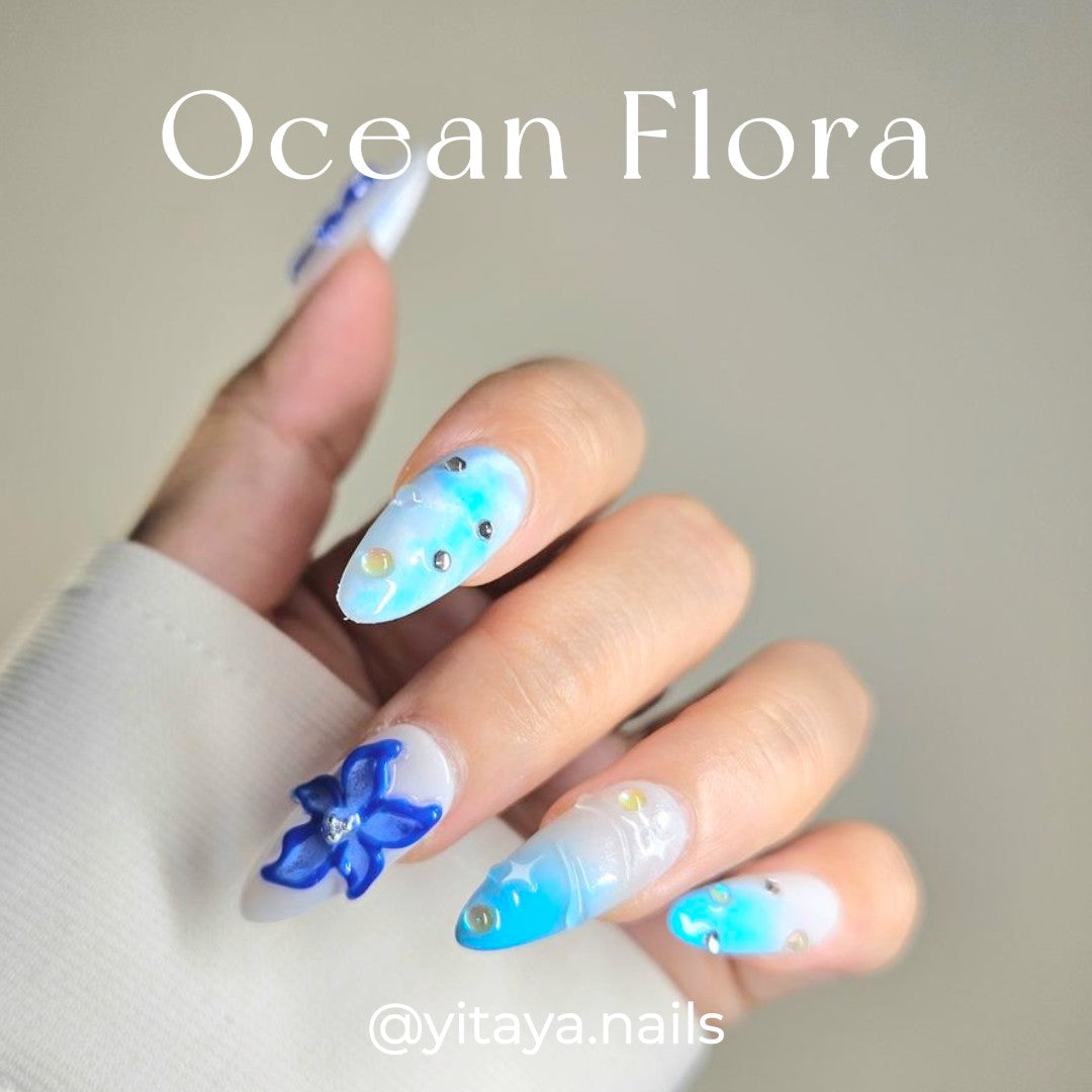 Ocean Flora Press On Nails, with 3d flora and soothing blue and white gradient