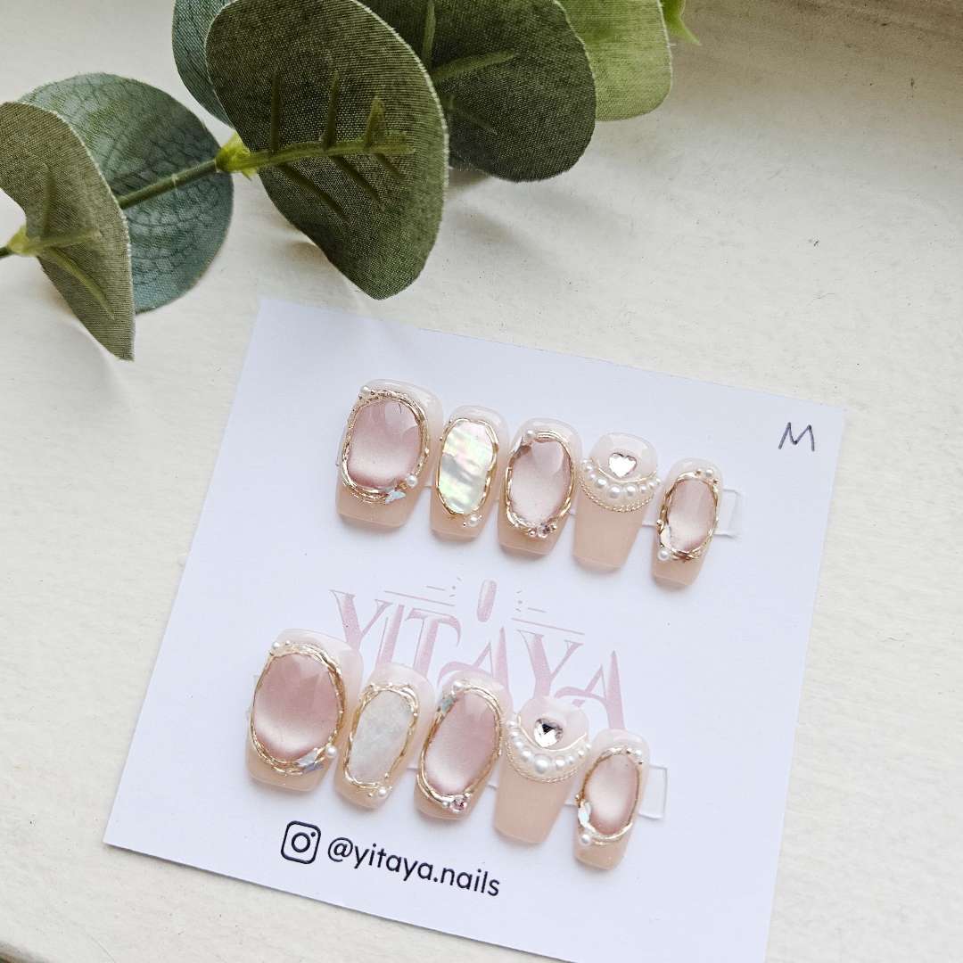 Pearl Perfection Press On Nails -- Yitaya Nails -- Nude base with pearls and gem