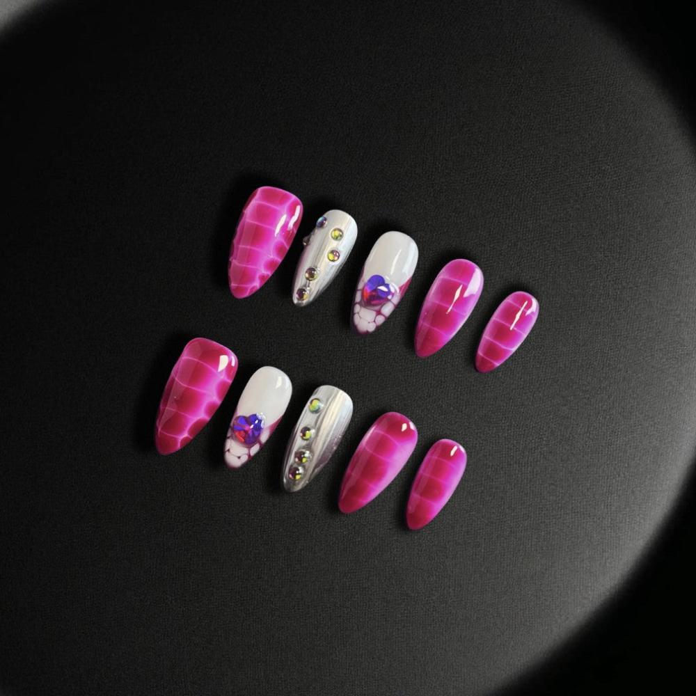 Pink Passion Handmade Press On Nails, features a hot pink grid pattern paired with crisp white and silver accents