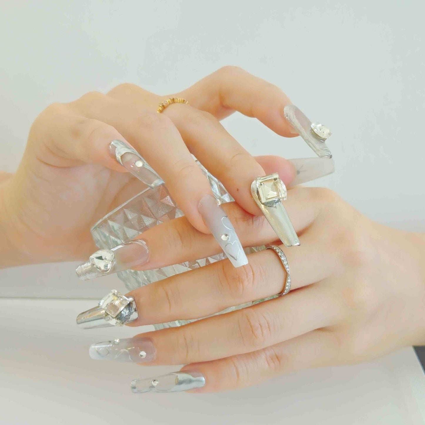 Silver starburst romance press on nails - coffin shape, handmade, salon-quality