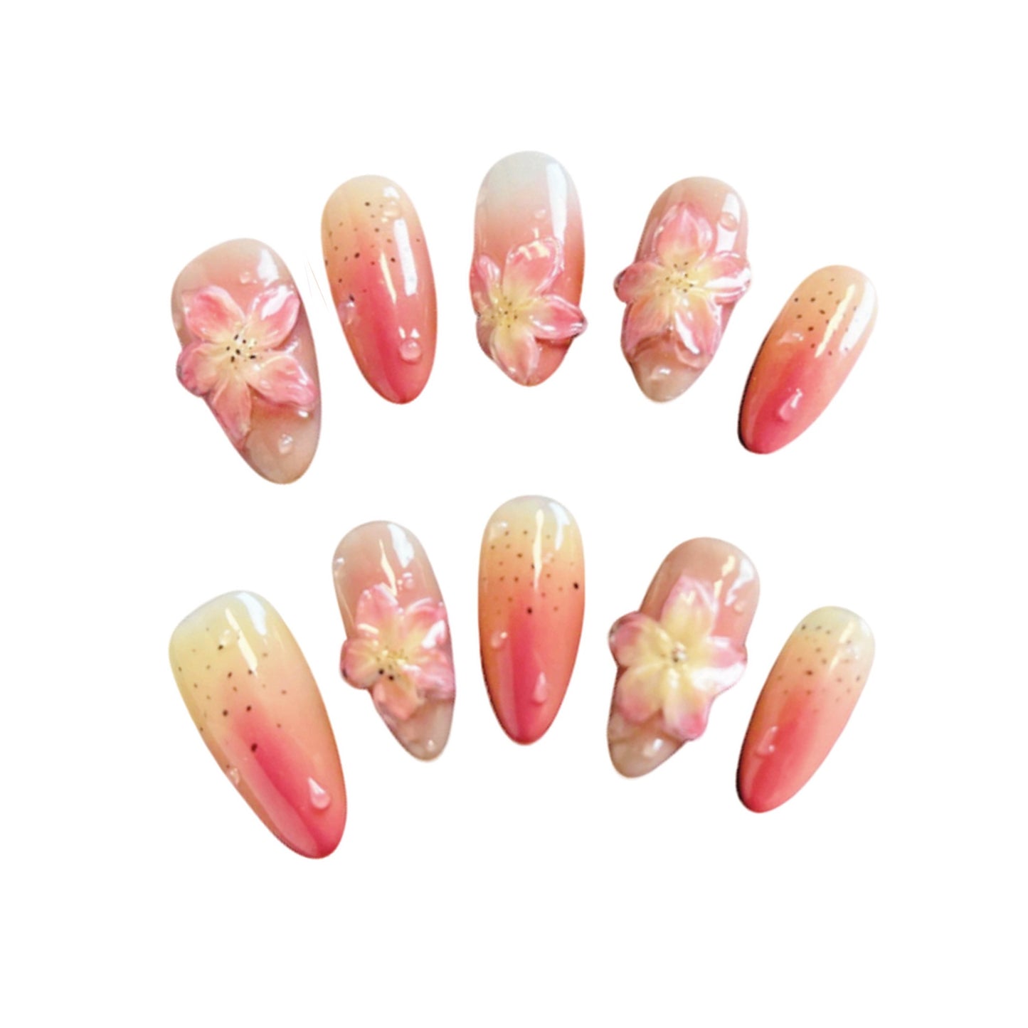 Summer Radiance 3D Press-On Nails from Yitaya, features a beautiful gradient of warm peach, pink, and soft yellow tones, with 3d floral design