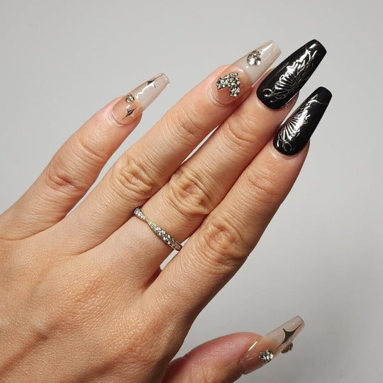 bold black starry night press-on nail -- silver, coffin shape, handmade, salon-quality