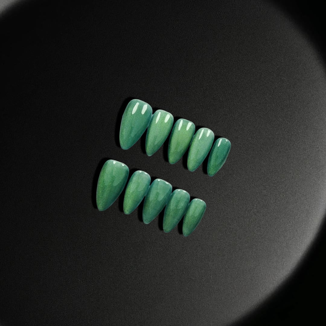 Emerald Oasis Cat Eye Press-On Nail -- Green, Almond Shape, Handmade, Salon Quality