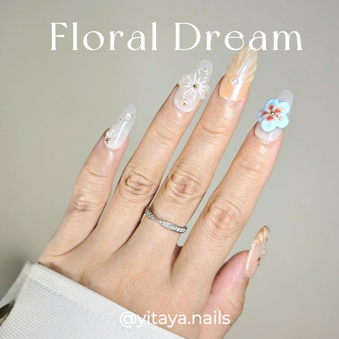 Floral Dream Press-On Nails, featuring hand-painted flowers and 3D embellishments