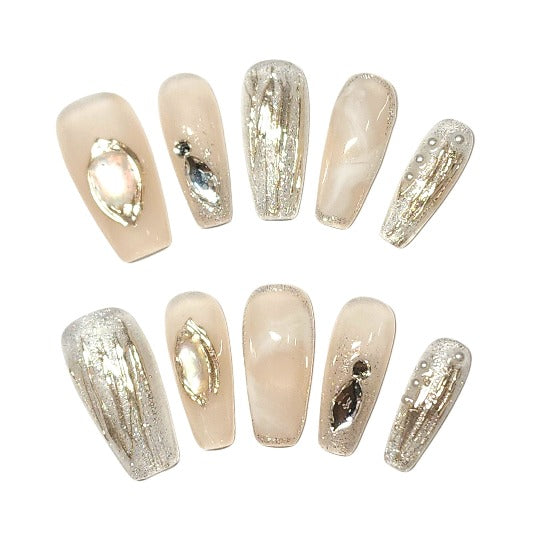 Elegant Beige Glitter Design Press-On Nails -- Beige, Coffin Shape, Handmade