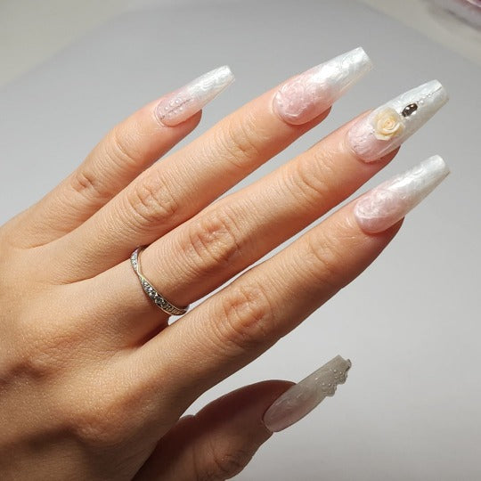 romantic rose marble press-on nail - - coffin shape, handmade, salon-quality