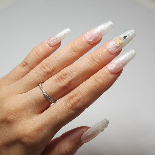 romantic rose marble gel nail - - coffin shape, handmade, salon-quality