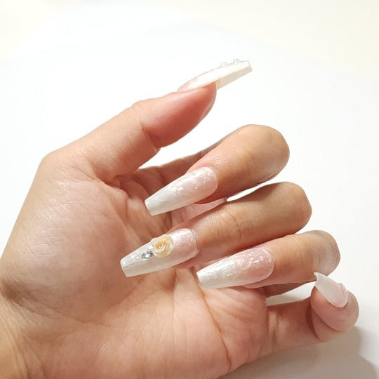 romantic rose marble press-on nail - - coffin shape, handmade, salon-quality