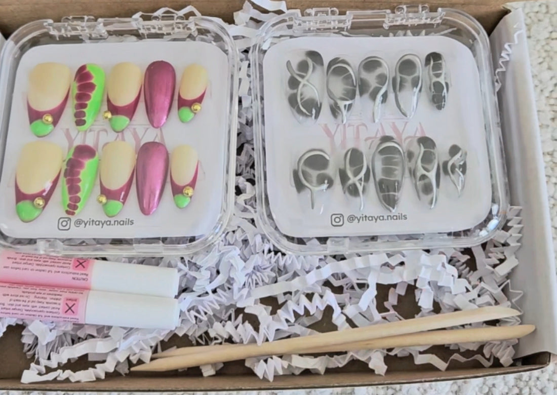 Packed Press-On Nails in clear boxes