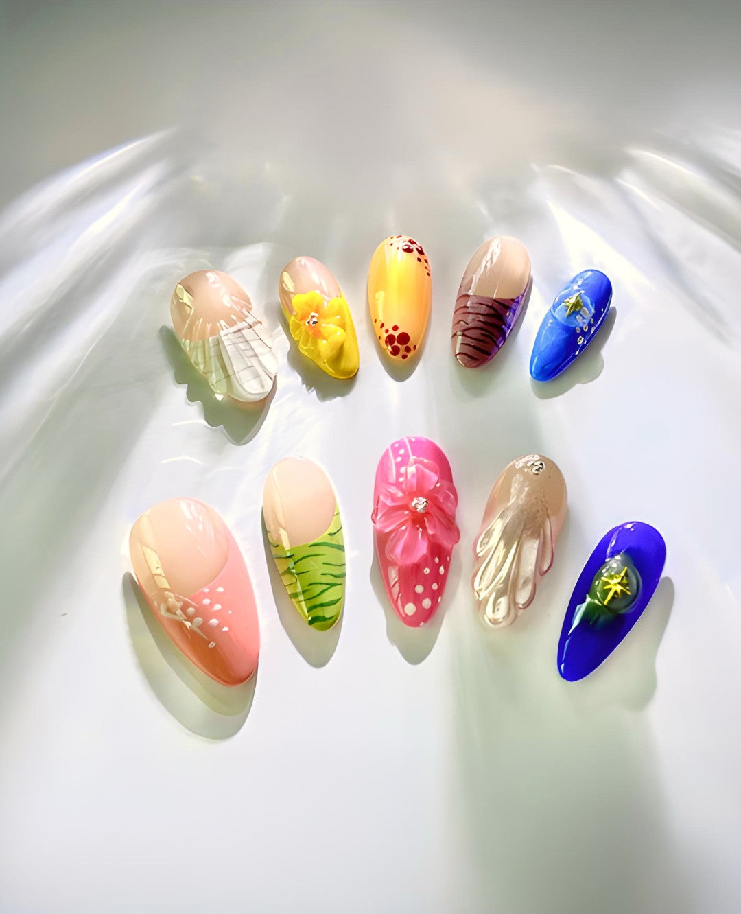 Example of Yitaya's 3D Floral Accents Press-On Nails, featuring vibrant colors