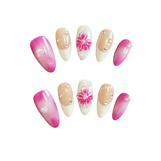 3D Pink Petal Perfection Press On Nails from Yitaya --  featuring a captivating gradient of soft pink shades, accented with 3D floral designs and sparkling rhinestones