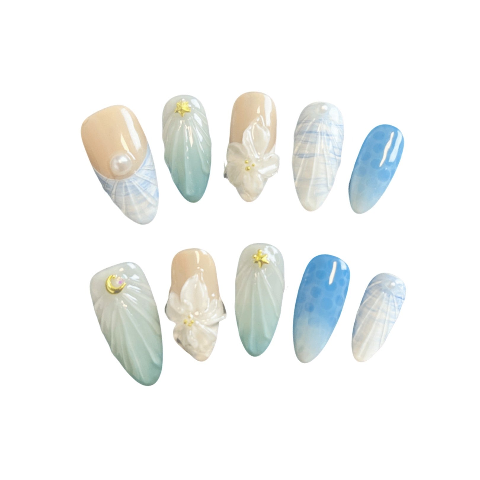3D Serene Moonstone Press-On Nails from Yitaya -- featuring a mesmerizing blend of soft blues and whites, adorned with crescent moons, stars, and clouds