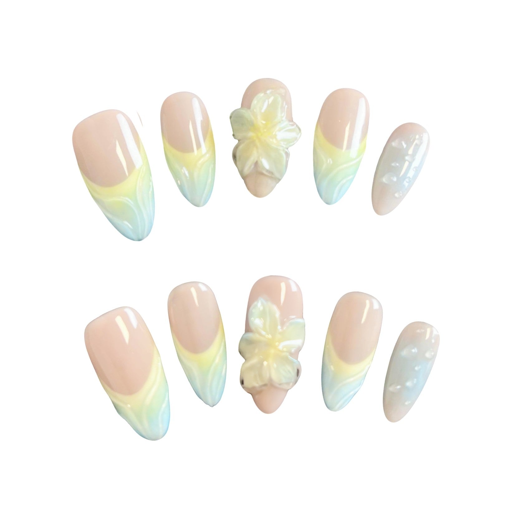 3D Sunshine Serenity Press On nails from Yitaya — featuring stunning 3D floral accents, with soft pastel gradient transitioning from yellow to blue