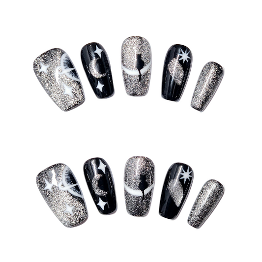 Celestial Catwalk Press-On Nails -- Silver/Black, Almond, Handmade