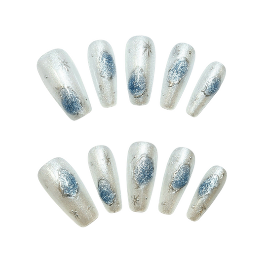 Cosmic Frost Press-On Nails -- White/Blue, Coffin, Handmade