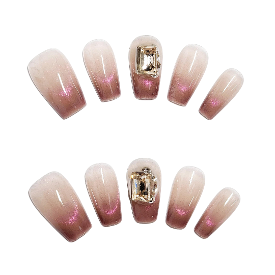 Crystal Blush Press On Nails -- Pink, Coffin Shape, Handmade