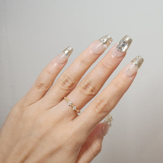 Crystal Sheen Press On Nails -- Beige/Pearl, Coffin Shape, Handmade