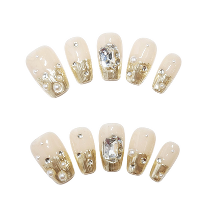 Crystal Sheen Press On Nails -- Beige/Pearl, Coffin Shape, Handmade