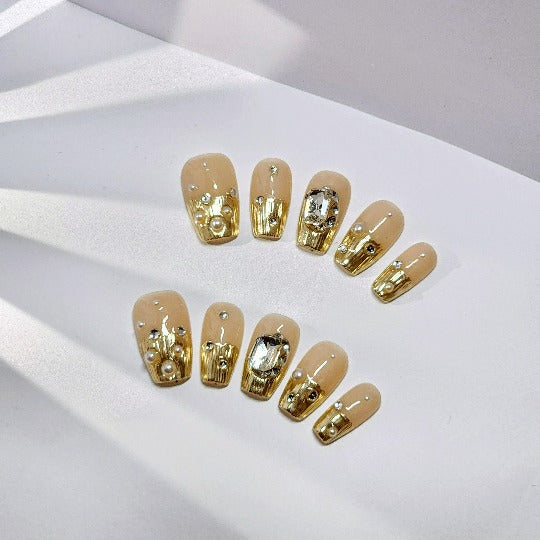 Crystal Sheen Press On Nails -- Beige/Pearl, Coffin Shape, Handmade