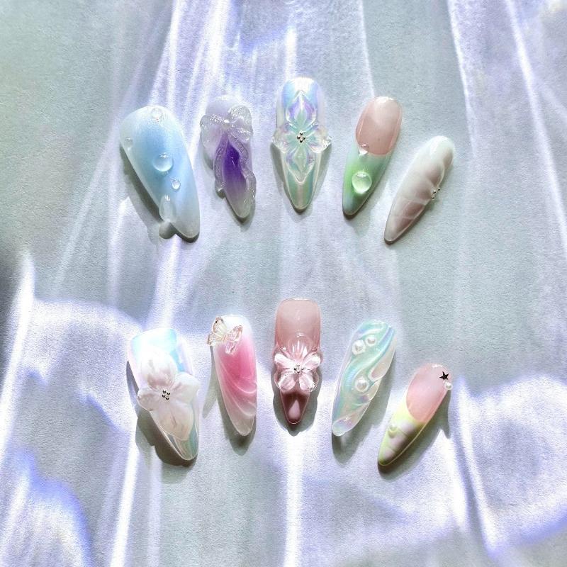 Dreamy Petal Prism Press-On Nails, with intricate floral and 3D accents and soft blending colors