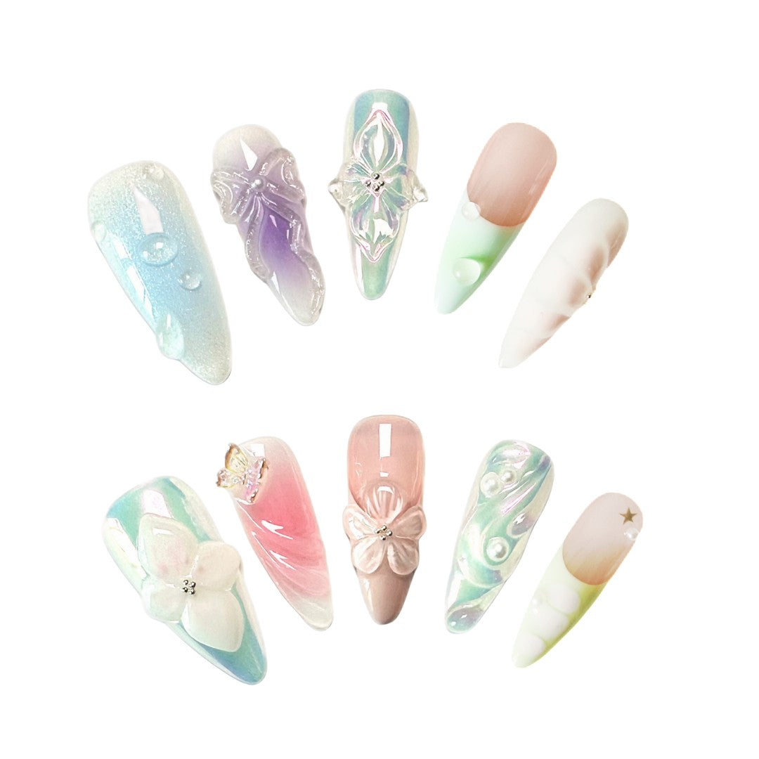 Dreamy Petal Prism Press On Nails, with intricate floral and 3D accents and soft blending colors