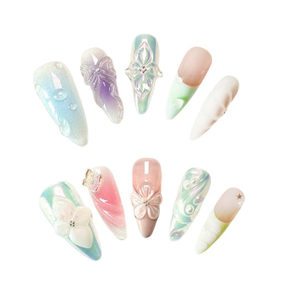 Dreamy Petal Prism Press On Nails, with intricate floral and 3D accents and soft blending colors