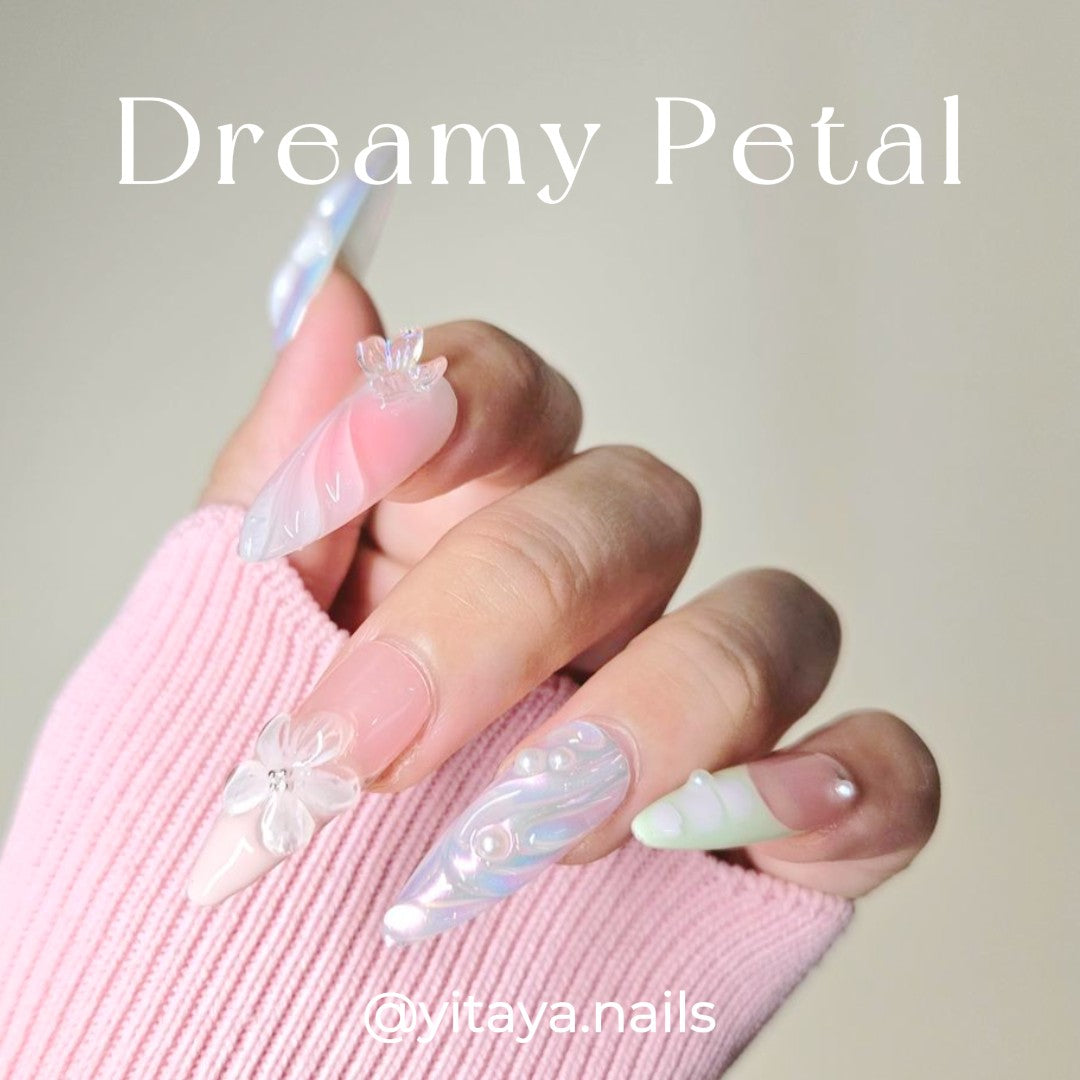 Dreamy Petal Prism Press On Nails, with intricate floral and 3D accents and soft blending colors