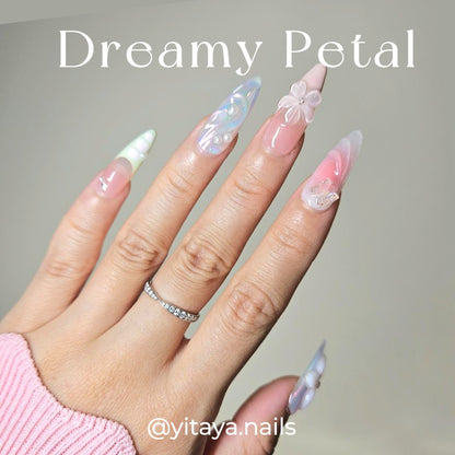 Dreamy Petal Prism Press On Nails, with intricate floral and 3D accents and soft blending colors